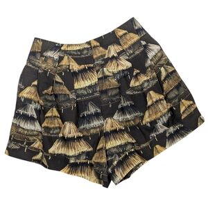 FARM Rio Shorts High Waisted Shuhu Print Pleated Side Pockets Brown M NWT